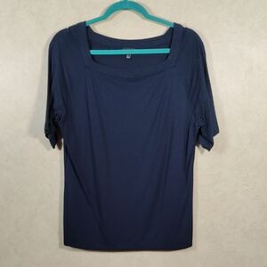 6108 Talbots Navy Blue Square neck S/S knit blouse L
